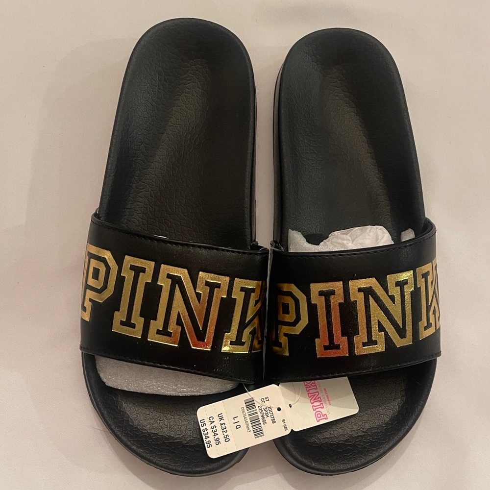 Pink Victoria Secret: Black Slides/FlipFlops with Gold “PINK” Logo Sz: Lg NWT